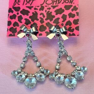 Betsey Johnson Silver Crystal Bow Drop Earrings NWT